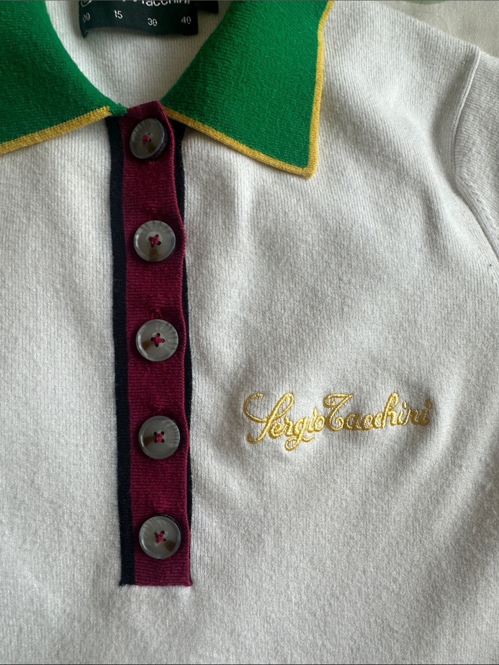 Sergio Tacchini Knit White Polo Bodysuit with Green Collar, Burgundy Accents - Picture 3 of 4